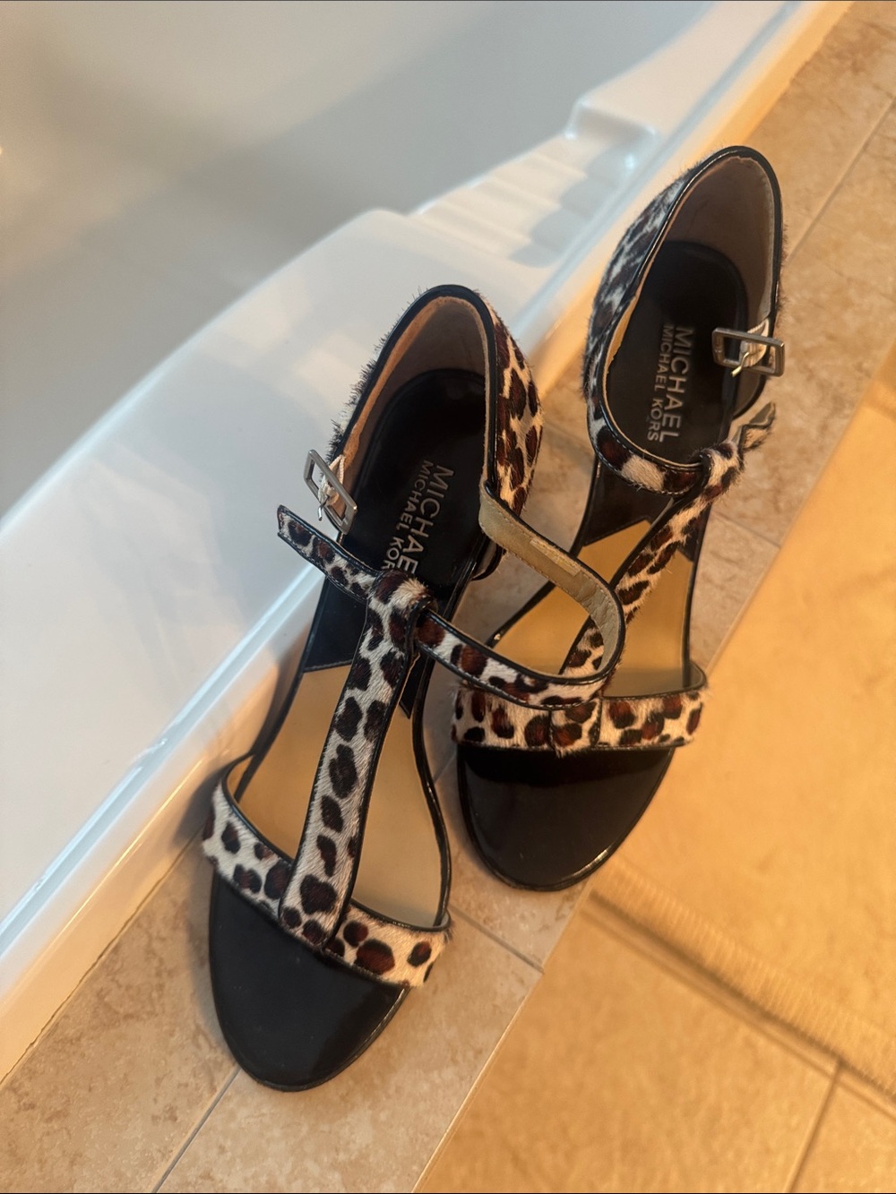 Michael Kors Black and Leopard Print T-Strap Heels